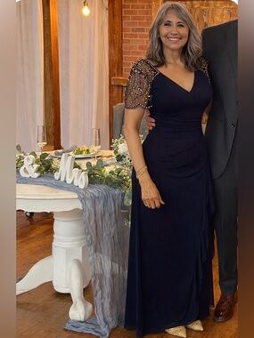 NTN Xscape Women's Beaded V-Neck Evening Gown + Gold Clutch